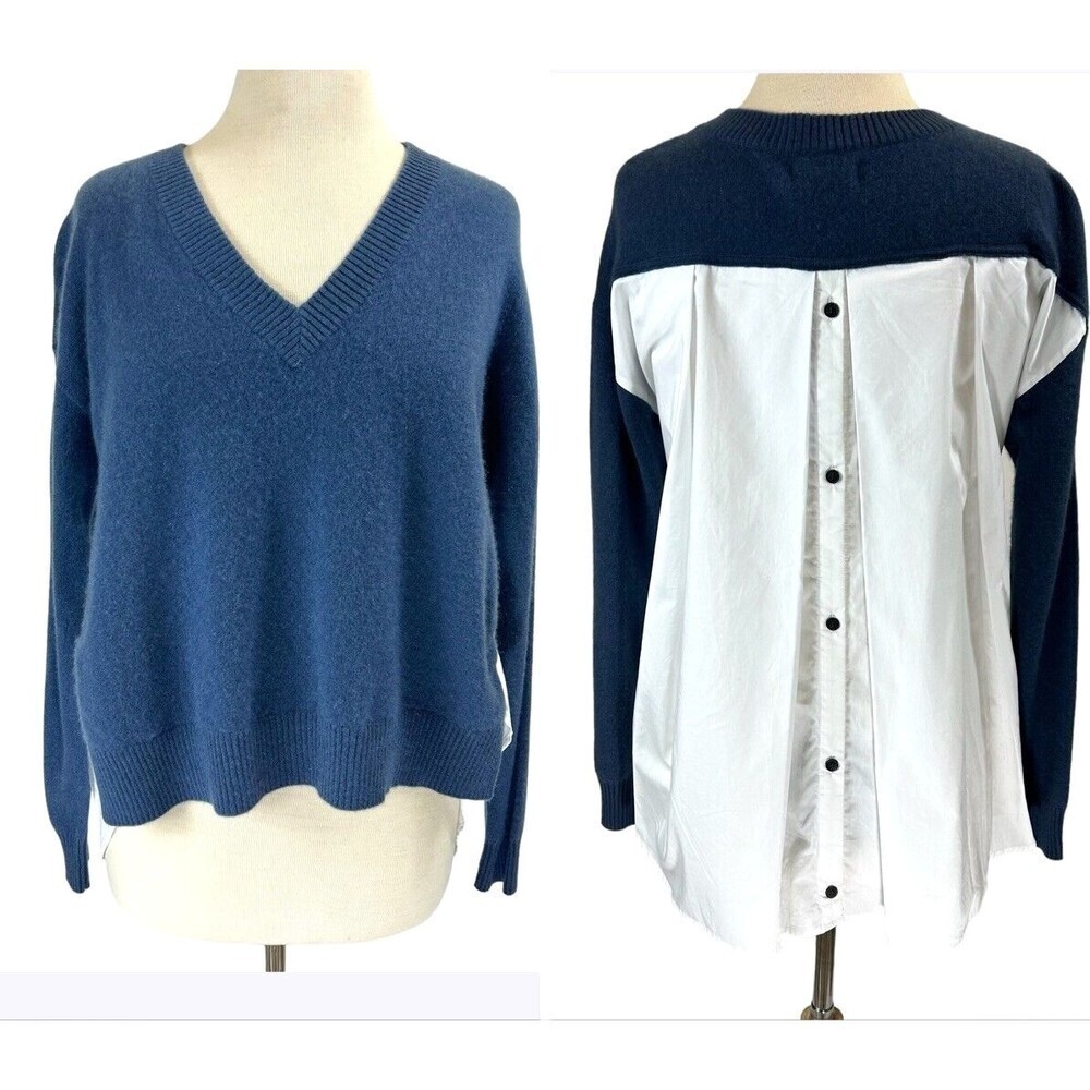 NAADAM Sweater Women Small Blue Cashmere Mixed Media Cotton Poplin Button Back